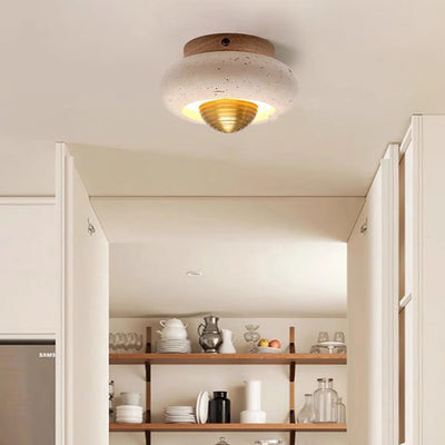 Traditional Japanese Oval Round Wood Yellow Travertine LED Semi-Flush Mount Ceiling Light For Entryway