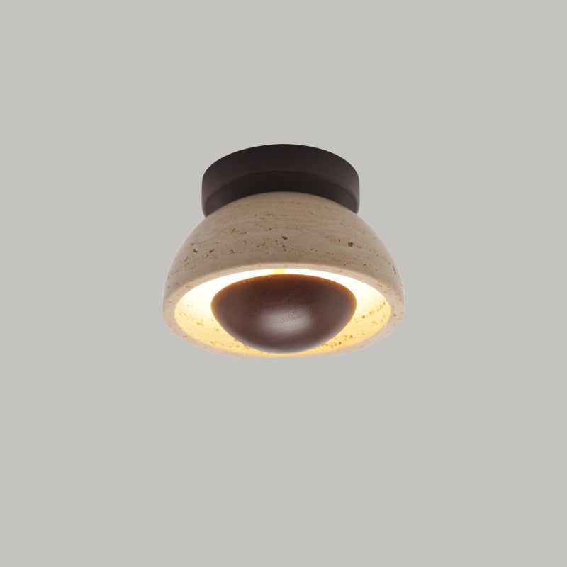 Traditional Japanese Oval Round Wood Yellow Travertine LED Semi-Flush Mount Ceiling Light For Entryway