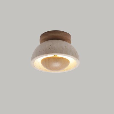 Traditional Japanese Oval Round Wood Yellow Travertine LED Semi-Flush Mount Ceiling Light For Entryway