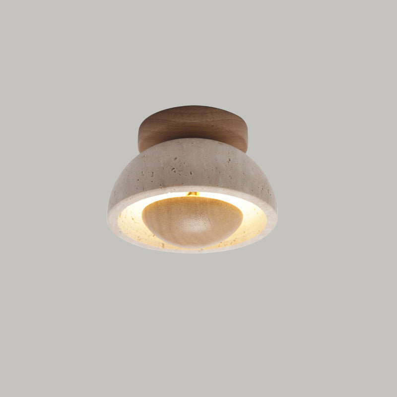 Traditional Japanese Oval Round Wood Yellow Travertine LED Semi-Flush Mount Ceiling Light For Entryway