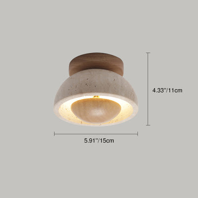 Traditional Japanese Oval Round Wood Yellow Travertine LED Semi-Flush Mount Ceiling Light For Entryway