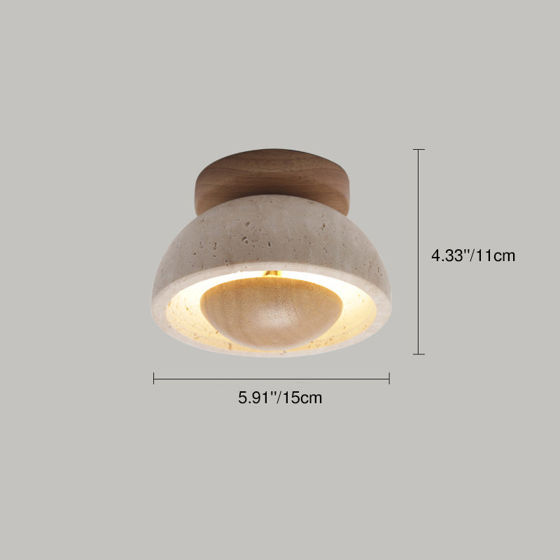 Traditional Japanese Oval Round Wood Yellow Travertine LED Semi-Flush Mount Ceiling Light For Entryway