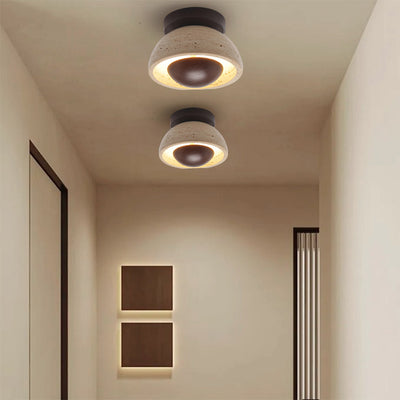 Traditional Japanese Oval Round Wood Yellow Travertine LED Semi-Flush Mount Ceiling Light For Entryway