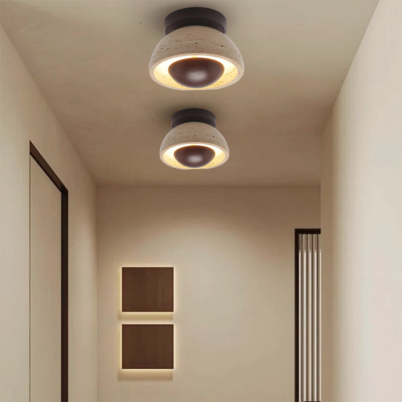 Traditional Japanese Oval Round Wood Yellow Travertine LED Semi-Flush Mount Ceiling Light For Entryway