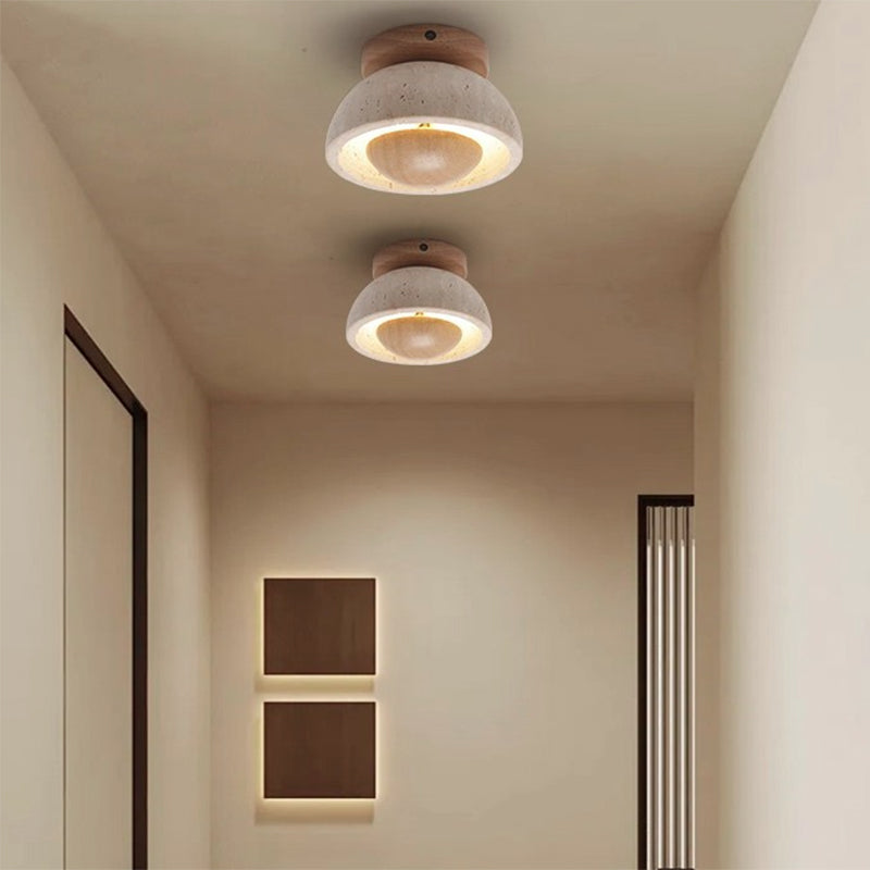 Traditional Japanese Oval Round Wood Yellow Travertine LED Semi-Flush Mount Ceiling Light For Entryway