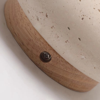 Traditional Japanese Oval Round Wood Yellow Travertine LED Semi-Flush Mount Ceiling Light For Entryway