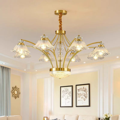 Contemporary Luxury Flower Copper Crystal Glass 3/6/8/10-Light & LED Chandelier For Living Room