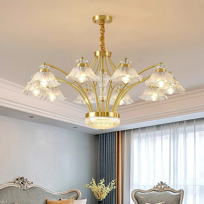 Contemporary Luxury Flower Copper Crystal Glass 3/6/8/10-Light &amp; LED Chandelier For Living Room