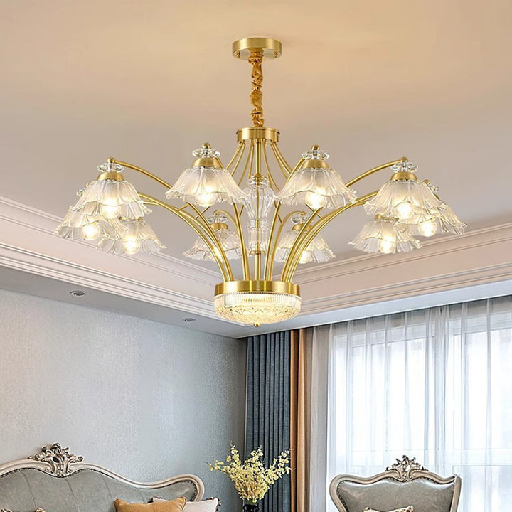 Contemporary Luxury Flower Copper Crystal Glass 3/6/8/10-Light &amp; LED Chandelier For Living Room