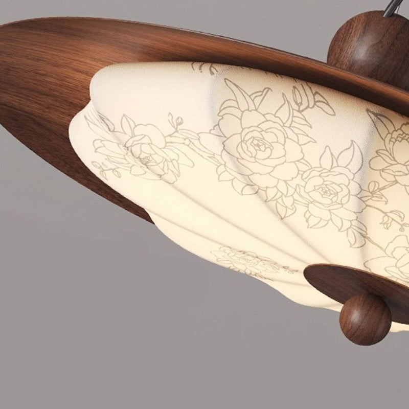 Traditional Chinese Decorative Design Flying Disc Iron Wood Fabric LED Pendant Light For Bedroom