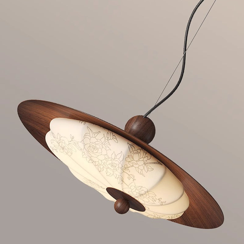 Traditional Chinese Decorative Design Flying Disc Iron Wood Fabric LED Pendant Light For Bedroom