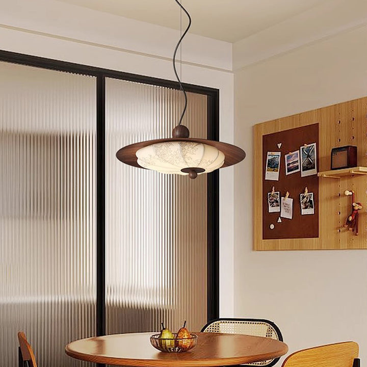 Traditional Chinese Decorative Design Flying Disc Iron Ash Wood Fabric LED Pendant Light For Bedroom