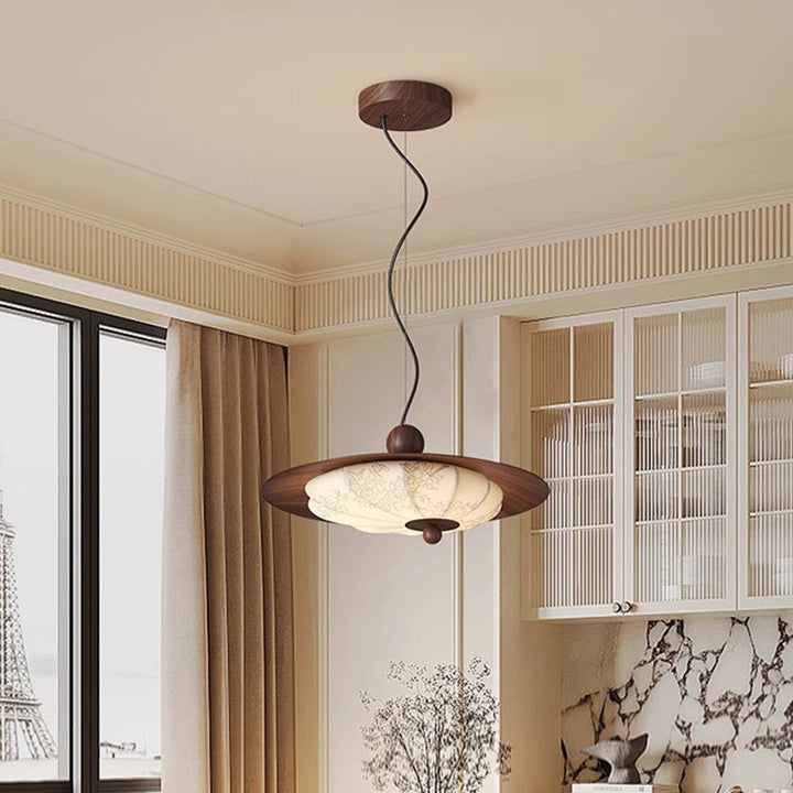 Traditional Chinese Decorative Design Flying Disc Iron Ash Wood Fabric LED Pendant Light For Bedroom