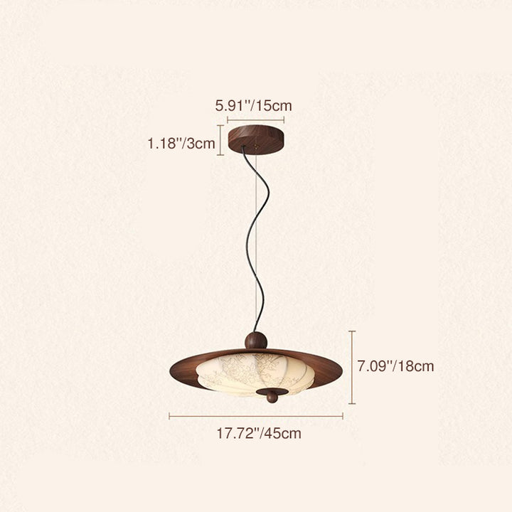 Traditional Chinese Decorative Design Flying Disc Iron Ash Wood Fabric LED Pendant Light For Bedroom