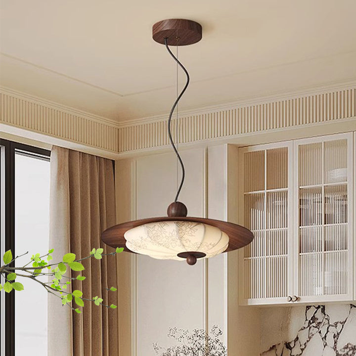 Traditional Chinese Decorative Design Flying Disc Iron Ash Wood Fabric LED Pendant Light For Bedroom