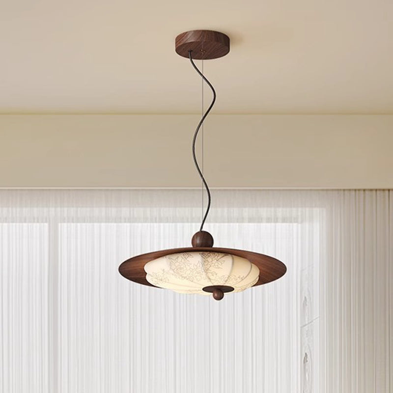 Traditional Chinese Decorative Design Flying Disc Iron Ash Wood Fabric LED Pendant Light For Bedroom