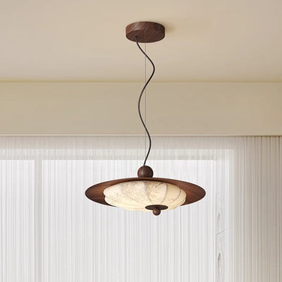 Traditional Chinese Decorative Design Flying Disc Iron Wood Fabric LED Pendant Light For Bedroom
