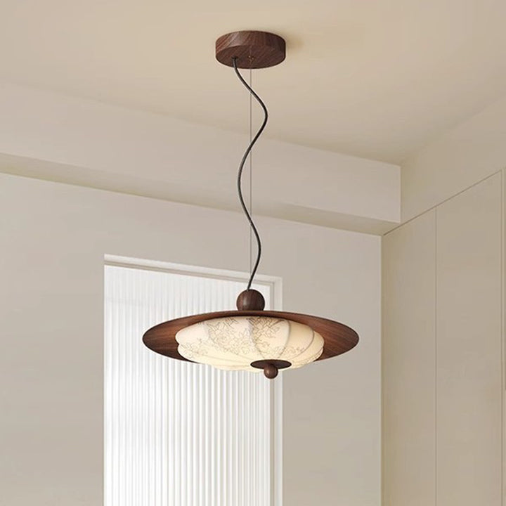 Traditional Chinese Decorative Design Flying Disc Iron Ash Wood Fabric LED Pendant Light For Bedroom