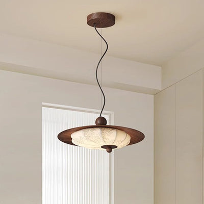 Traditional Chinese Decorative Design Flying Disc Iron Wood Fabric LED Pendant Light For Bedroom
