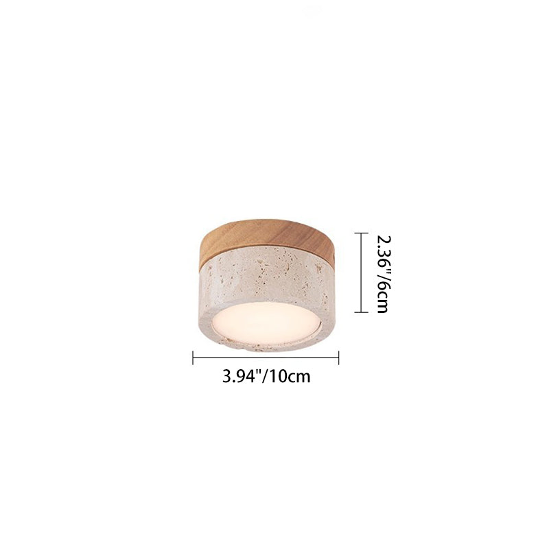 Modern Minimalist Round Solid Wood Yellow Travertine LED Flush Mount Ceiling Light For Entryway