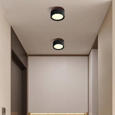 Modern Minimalist Round Solid Wood Yellow Travertine LED Flush Mount Ceiling Light For Entryway