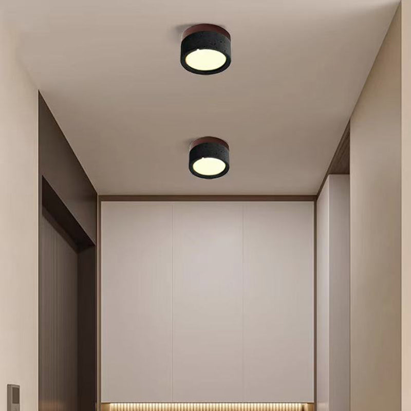 Modern Minimalist Round Solid Wood Yellow Travertine LED Flush Mount Ceiling Light For Entryway