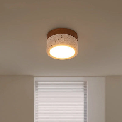 Modern Minimalist Round Solid Wood Yellow Travertine LED Flush Mount Ceiling Light For Entryway