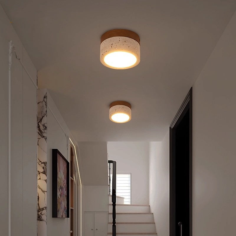 Modern Minimalist Round Solid Wood Yellow Travertine LED Flush Mount Ceiling Light For Entryway