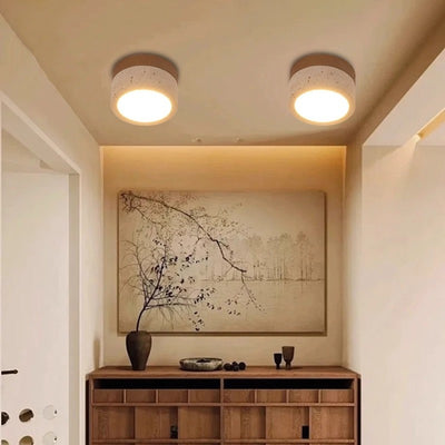 Modern Minimalist Round Solid Wood Yellow Travertine LED Flush Mount Ceiling Light For Entryway