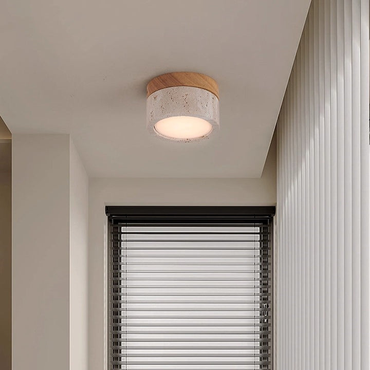 Modern Minimalist Round Solid Wood Yellow Travertine LED Flush Mount Ceiling Light For Entryway