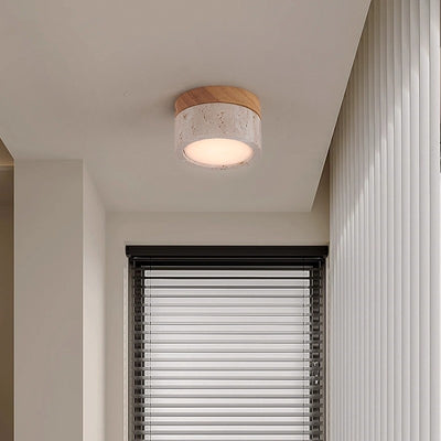 Modern Minimalist Round Solid Wood Yellow Travertine LED Flush Mount Ceiling Light For Entryway