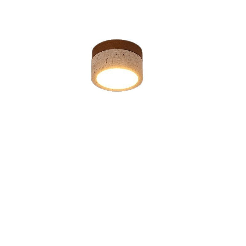 Modern Minimalist Round Solid Wood Yellow Travertine LED Flush Mount Ceiling Light For Entryway