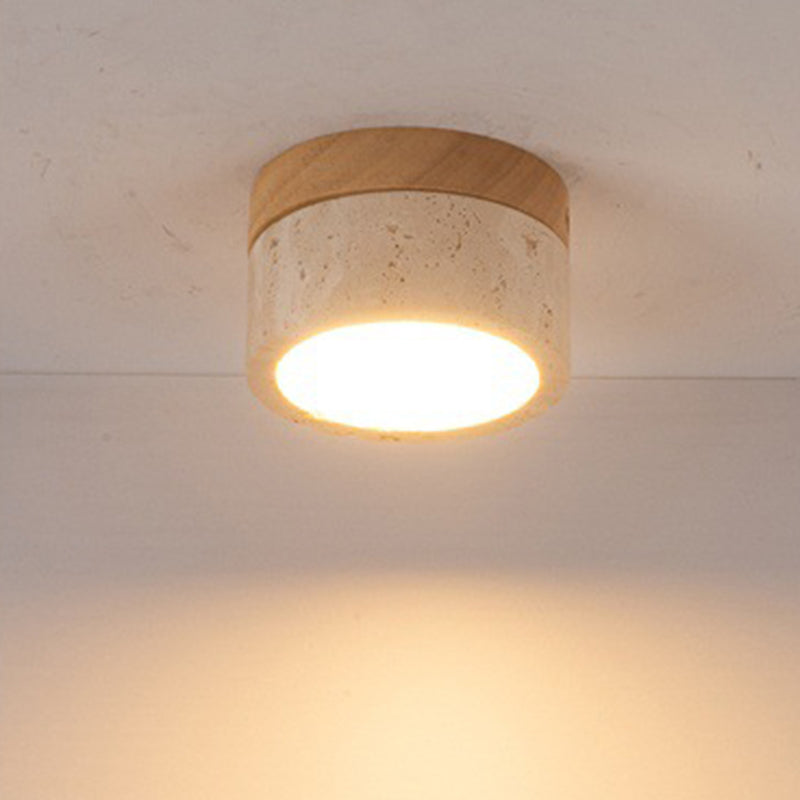 Modern Minimalist Round Solid Wood Yellow Travertine LED Flush Mount Ceiling Light For Entryway