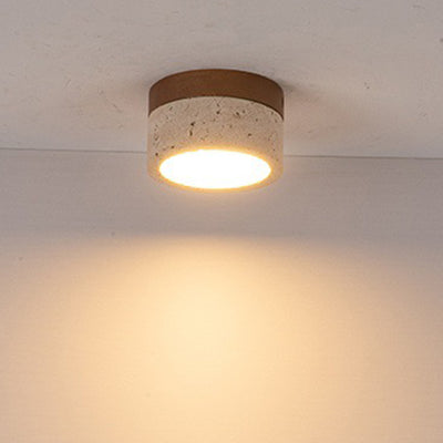 Modern Minimalist Round Solid Wood Yellow Travertine LED Flush Mount Ceiling Light For Entryway