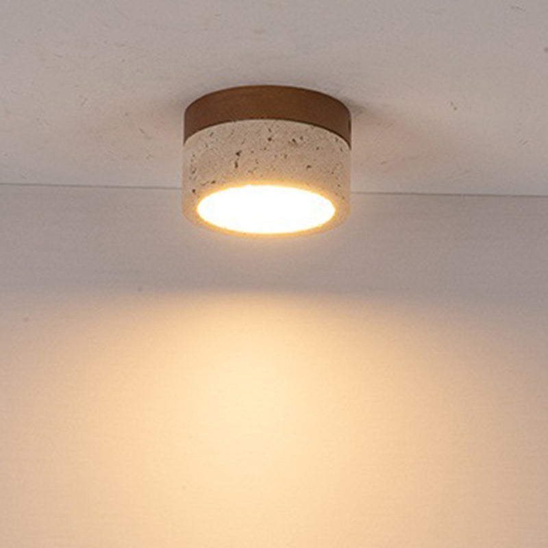 Modern Minimalist Round Solid Wood Yellow Travertine LED Flush Mount Ceiling Light For Entryway