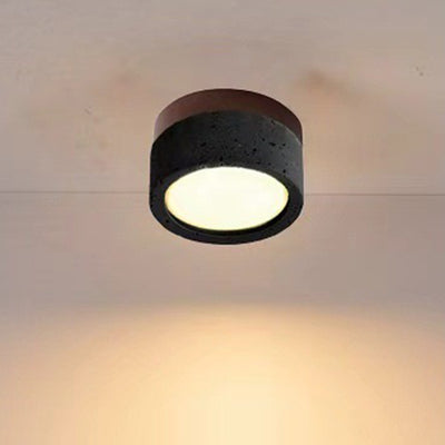 Modern Minimalist Round Solid Wood Yellow Travertine LED Flush Mount Ceiling Light For Entryway