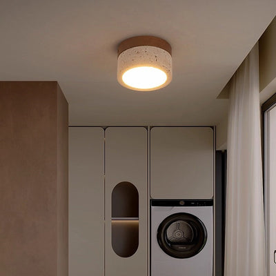 Modern Minimalist Round Solid Wood Yellow Travertine LED Flush Mount Ceiling Light For Entryway