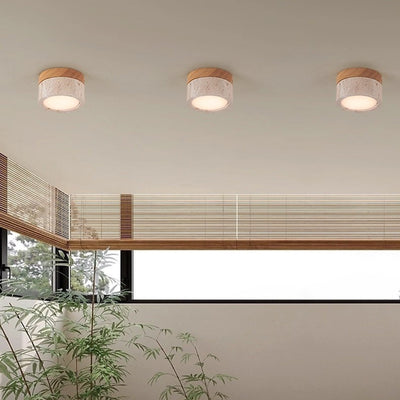 Modern Minimalist Round Solid Wood Yellow Travertine LED Flush Mount Ceiling Light For Entryway