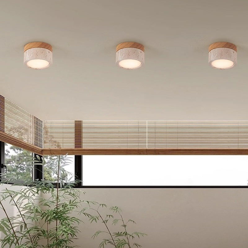 Modern Minimalist Round Solid Wood Yellow Travertine LED Flush Mount Ceiling Light For Entryway