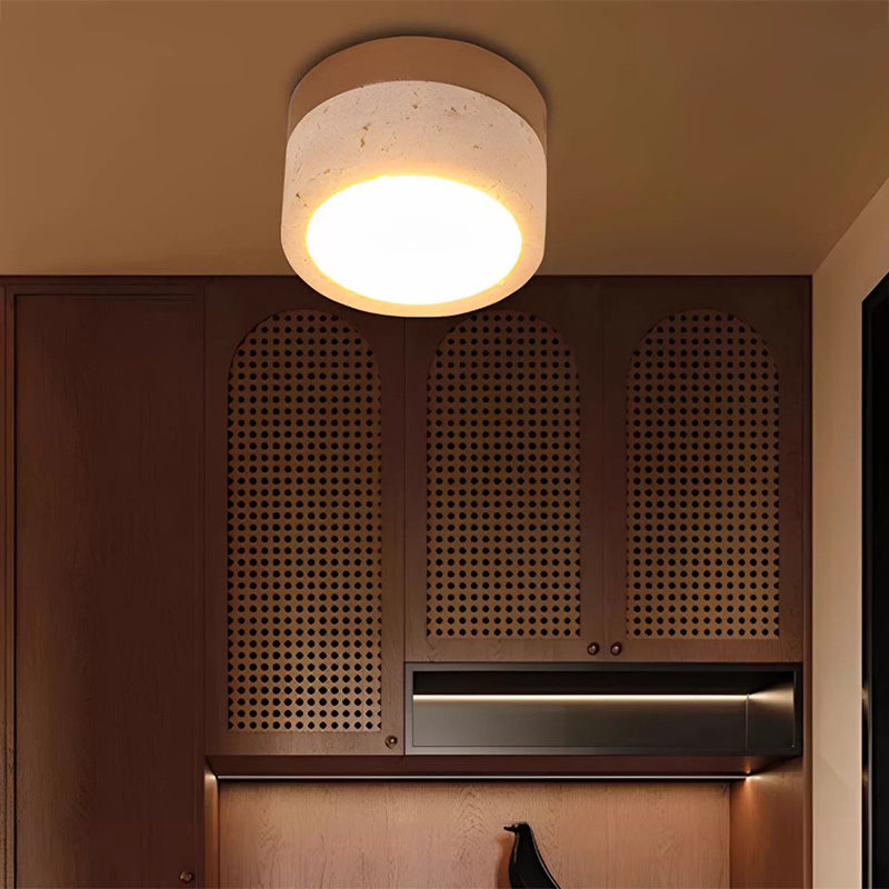 Modern Minimalist Round Solid Wood Yellow Travertine LED Flush Mount Ceiling Light For Entryway