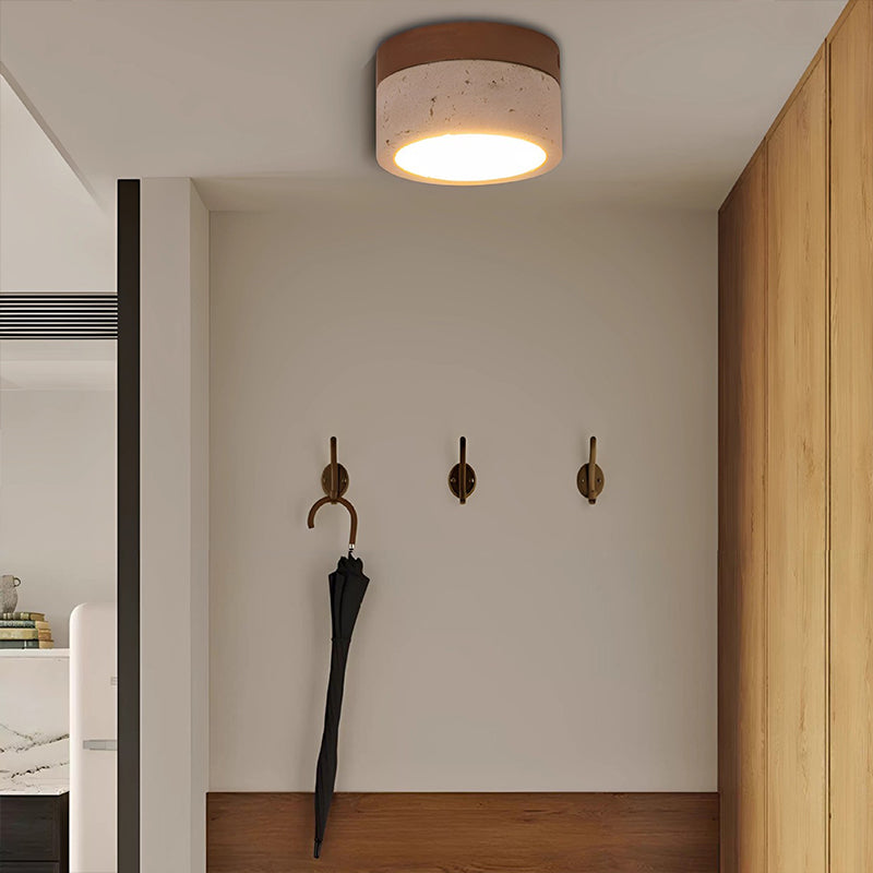 Modern Minimalist Round Solid Wood Yellow Travertine LED Flush Mount Ceiling Light For Entryway