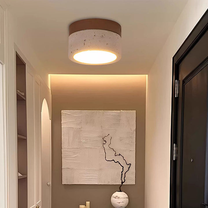 Modern Minimalist Round Solid Wood Yellow Travertine LED Flush Mount Ceiling Light For Entryway