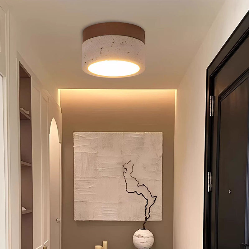 Modern Minimalist Round Solid Wood Yellow Travertine LED Flush Mount Ceiling Light For Entryway