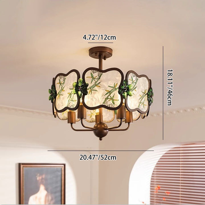 Lustre à 5/8 lumières en fer, acrylique et cristal, motif trèfle, émail chinois traditionnel, pour salon 