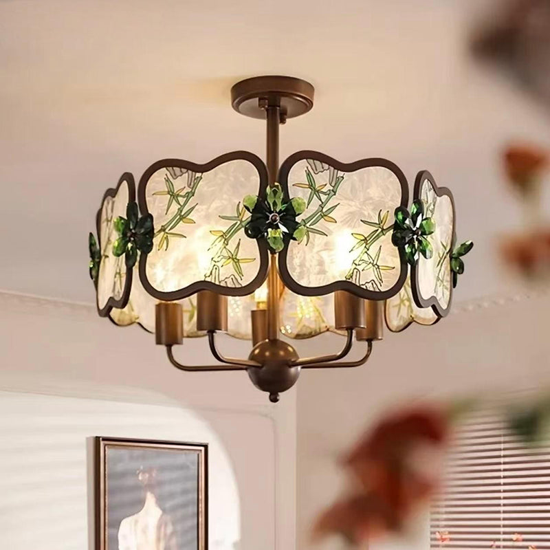 Traditional Chinese Enamel Color Clover Iron Acrylic Crystal 5/8-Light Chandelier For Living Room