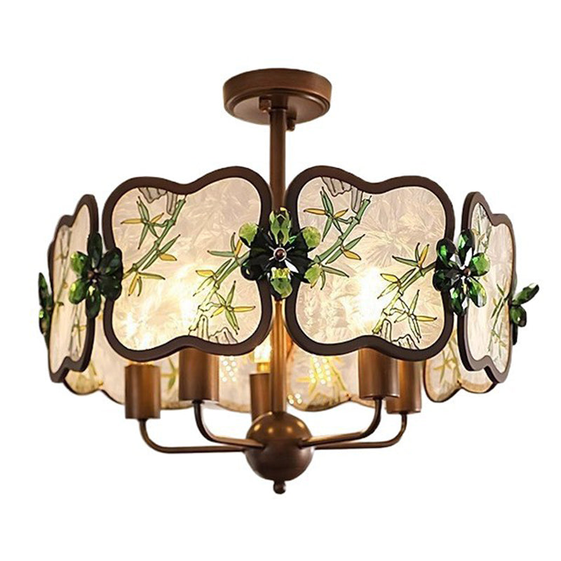Lustre à 5/8 lumières en fer, acrylique et cristal, motif trèfle, émail chinois traditionnel, pour salon 