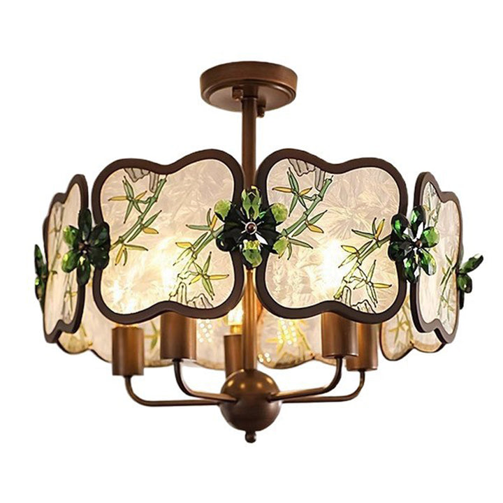 Lustre à 5/8 lumières en fer, acrylique et cristal, motif trèfle, émail chinois traditionnel, pour salon 