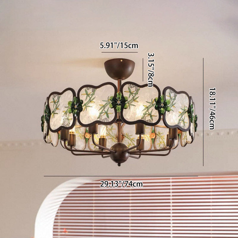 Lustre à 5/8 lumières en fer, acrylique et cristal, motif trèfle, émail chinois traditionnel, pour salon 