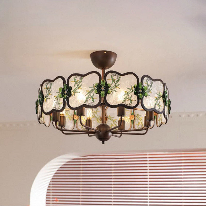 Lustre à 5/8 lumières en fer, acrylique et cristal, motif trèfle, émail chinois traditionnel, pour salon 
