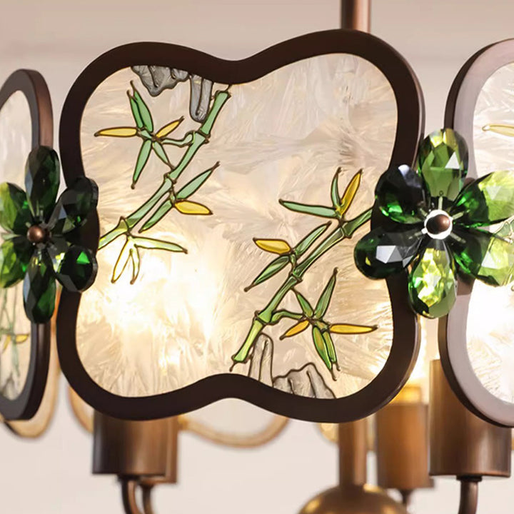 Lustre à 5/8 lumières en fer, acrylique et cristal, motif trèfle, émail chinois traditionnel, pour salon 